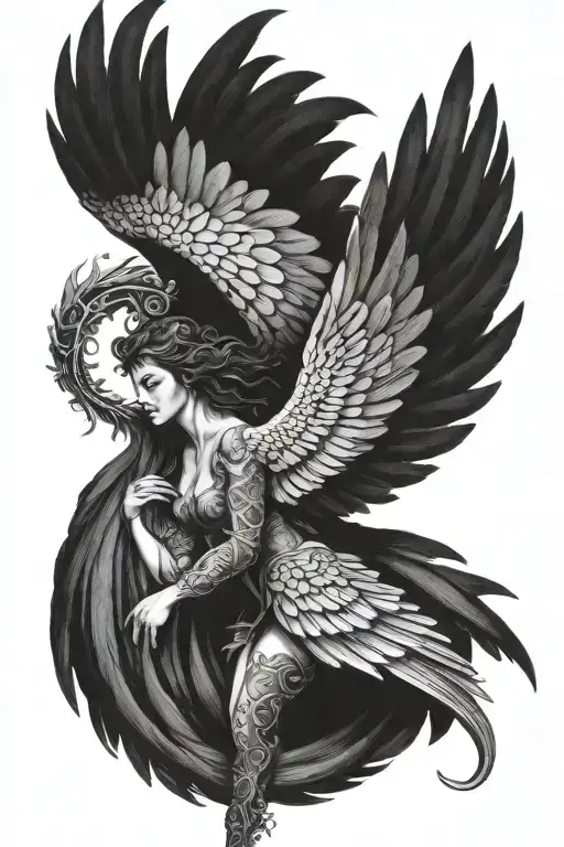 female dark angel with wings and tail tattoo design idea