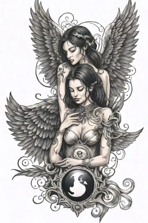 beautiful female dark angel with wings , yin yang background tattoo design idea
