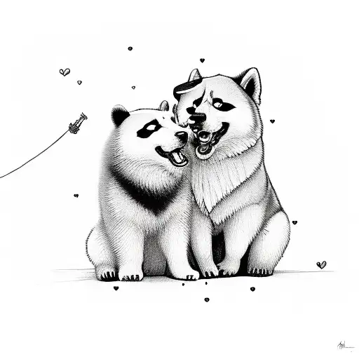 akita inu with a heart over it's and a panda siting with their backs to the viewer tattoo design idea