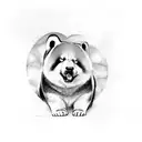 akita inu with a heart over it's and a panda siting with their backs to the viewer tattoo design idea