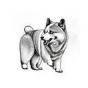 akita inu with a heart over it's and a panda siting with their backs to the viewer tattoo design idea