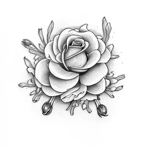 lilac, daisy, baby's breath, iris, rose, peony tattoo design idea