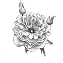 lilac, daisy, baby's breath, iris, rose, peony tattoo design idea