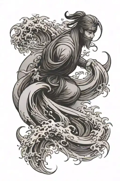 Japanese negative space forearm sleeve, with waves an emerging ninja from the waves and a negative sun tattoo design idea
