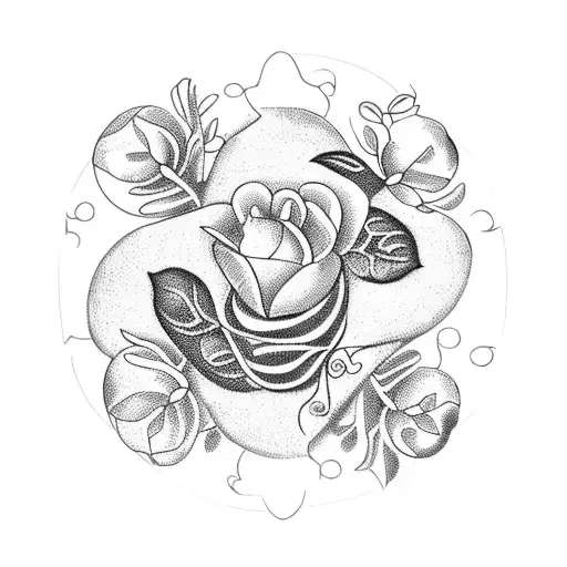 A detailed blackwork tattoo of a garden scene with various plants and flowers intertwined, incorporating elements of your favorite fruits and vegetables. The design could feature hidden symbols or messages related to your occupation as a homemaker. tattoo design idea
