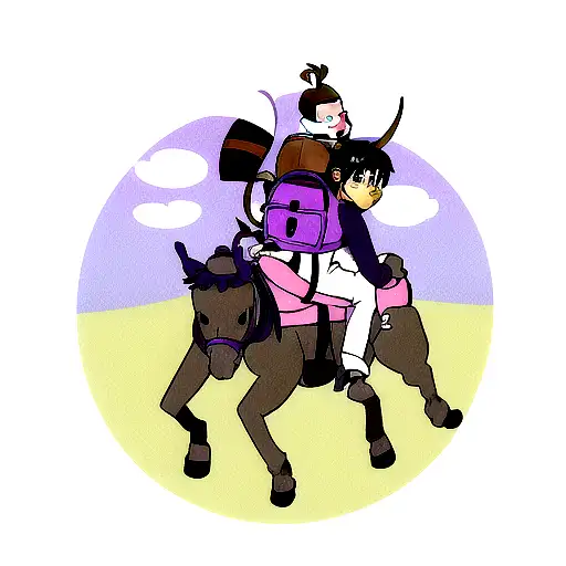 monkey with purple backpack riding a donkey tattoo design idea