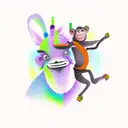 monkey with purple backpack riding a donkey tattoo design idea