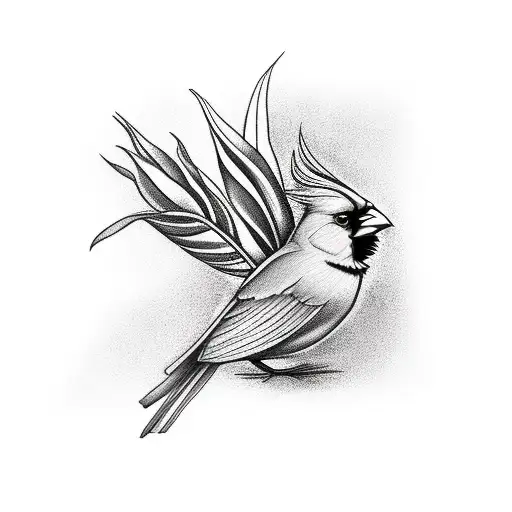 cardinal carrying a bird of paradise flower in its beak tattoo design idea