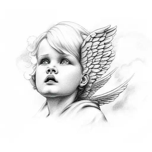 words grans angel with clouds and crosses tattoo design idea