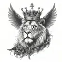 a black lion with a silver crown and a crow made of black smoke flying above him tattoo design idea