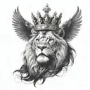 a black lion with a silver crown and a crow made of black smoke flying above him tattoo design idea