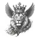 a black lion with a silver crown and a crow made of black smoke flying above him tattoo design idea