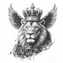 a black lion with a silver crown and a crow made of black smoke flying above him tattoo design idea