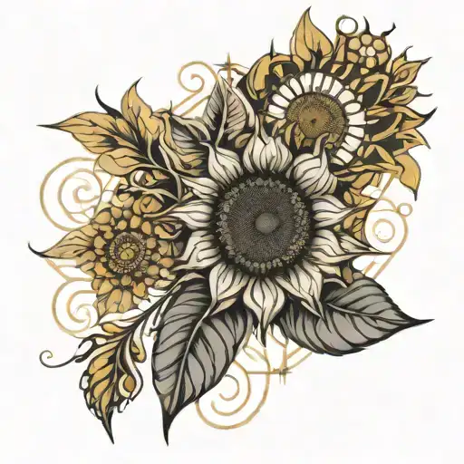 A vibrant sunflower surrounded by swirling cinnamon sticks and citrine crystals tattoo design idea