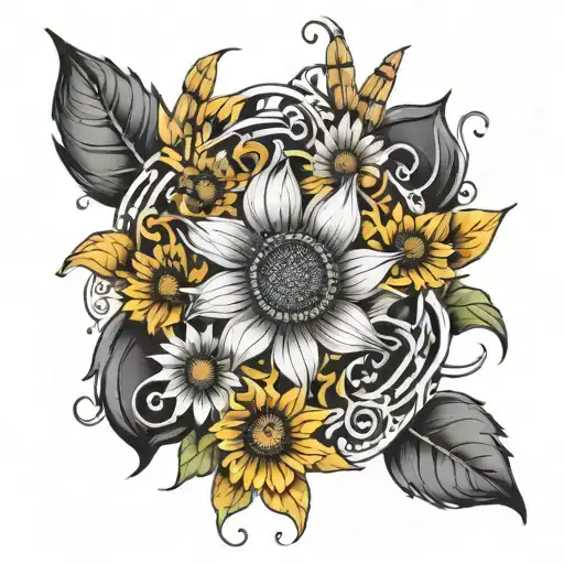 A vibrant sunflower surrounded by swirling cinnamon sticks and citrine crystals tattoo design idea