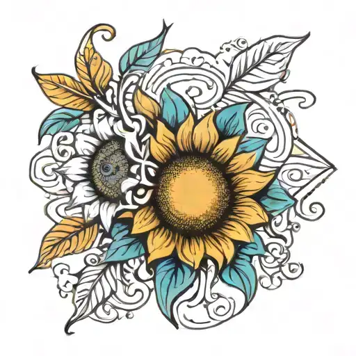 A vibrant sunflower surrounded by swirling cinnamon sticks and citrine crystals tattoo design idea