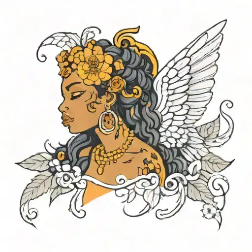 Oshun, the goddess of love and fertility, depicted in a traditional style with orange hues tattoo design idea