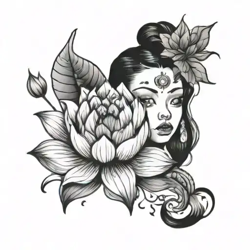 little girl face with lotus and amaranth tattoo design idea