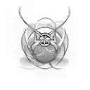 An abstract tattoo featuring a basketball hoop shaped like the Capricorn symbol, with the number 2000 hanging from the hoop. tattoo design idea