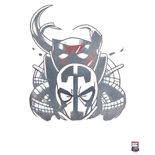 Stan Lee, Deadpool and Loki in front of marvel logo tattoo design idea