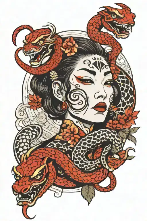 The face of a spider woman and the face of a snake woman  tattoo design idea