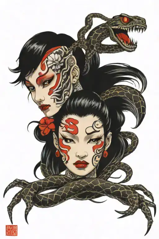 The face of a spider woman and the face of a snake woman  tattoo design idea