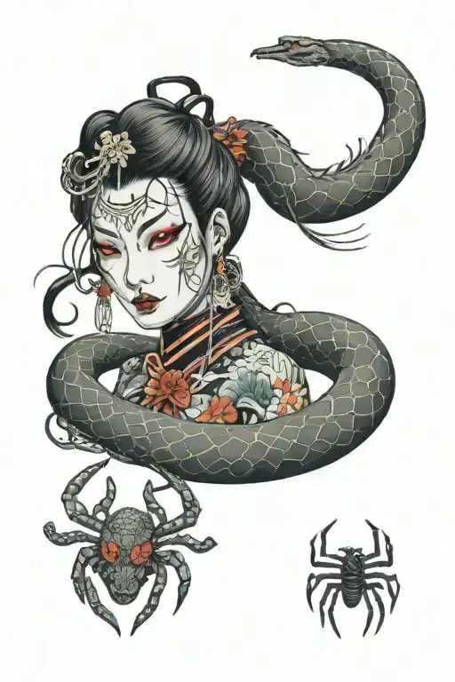 Snake woman and spider woman face tattoo design idea