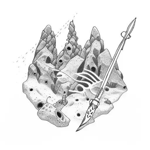 tattoo underwater  with  cliff rocks freediver with speargun tattoo design idea