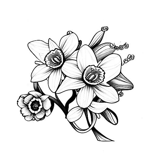 daffodil, primrose, daisy bouquet  tattoo design idea