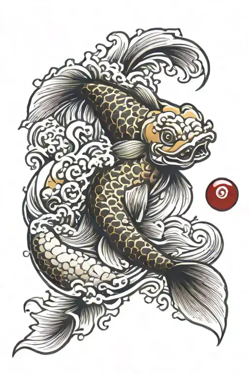koi fish and daruma doll with wave tattoo design idea