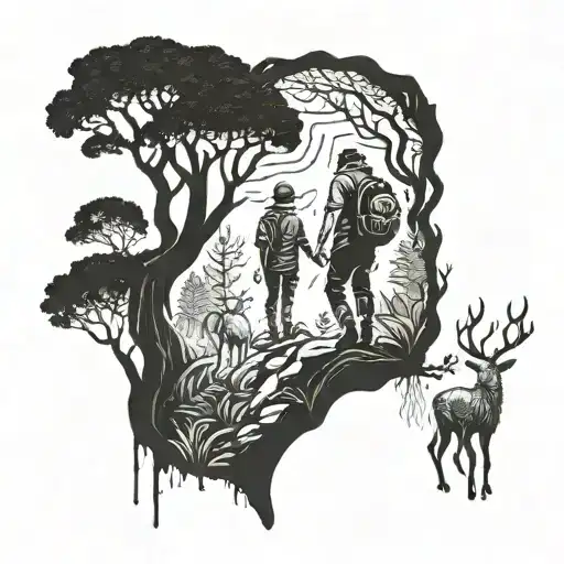 A mystical design of a father and son exploring a magical forest together, with creatures and plants symbolizing their connection tattoo design idea