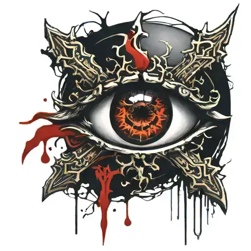 Dark black broke Satanic cross Realistic Eye, cracked and bleeding. dark black and blood red. golden cross. demonic tattoo design idea