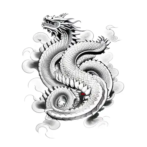 A traditional Japanese dragon coiled around a vintage car engine, combining the client's love for dragons and mechanics tattoo design idea
