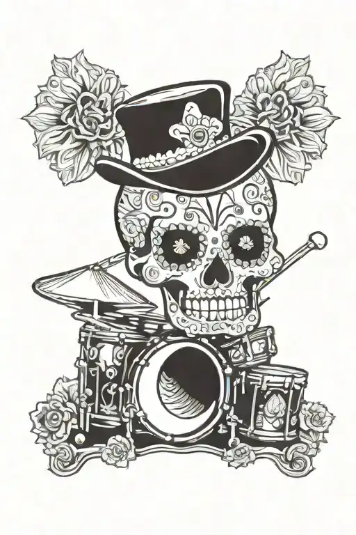 sugar skull playint the drums in the headlights of an 18 wheeler tattoo design idea