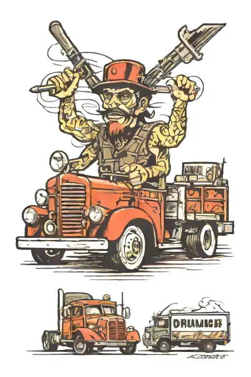 Drummer in the headlights of an 18 wheeler semi truck tattoo design idea