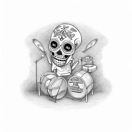 sugar skull playing drums in the light of an 18 wheeler tattoo design idea