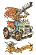 Drummer in the headlights of an 18 wheeler semi truck tattoo design idea