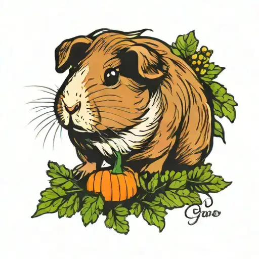 Guinea pig tattoo stands on carrots, cucumbers, parsley. signature Tortik on the right tattoo design idea