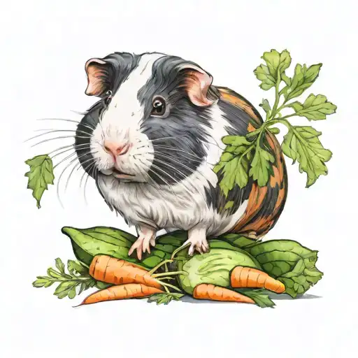 Guinea pig stands on carrots, cucumbers, parsley. sign Tortik on the right tattoo design idea