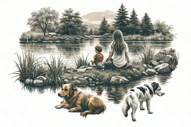 girl sitting grass by a flowing river next to her 5 year old child and her 2 dogs, you can only view the backs of them tattoo design idea