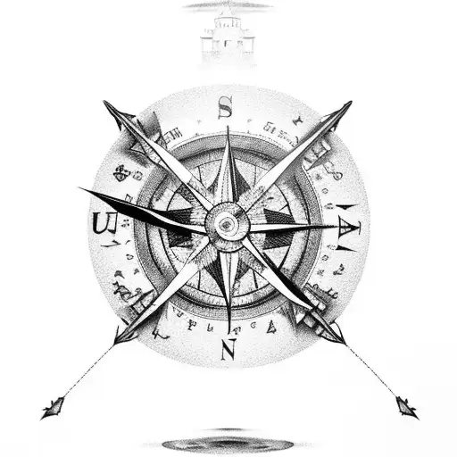 broken compass and lighthouse tattoo design idea