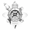 broken compass and lighthouse tattoo design idea