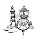 broken compass and lighthouse tattoo design idea