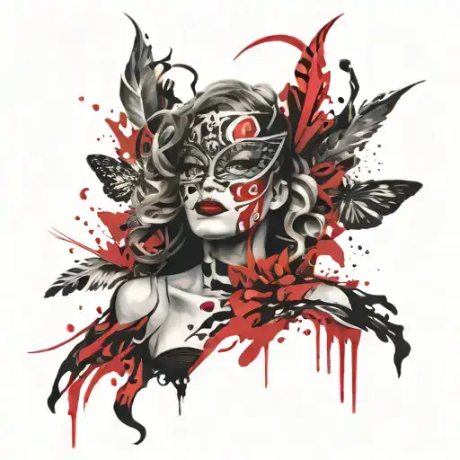 a girl in a carnival mask and below other masks are falling down, depicting different emotions tattoo design idea