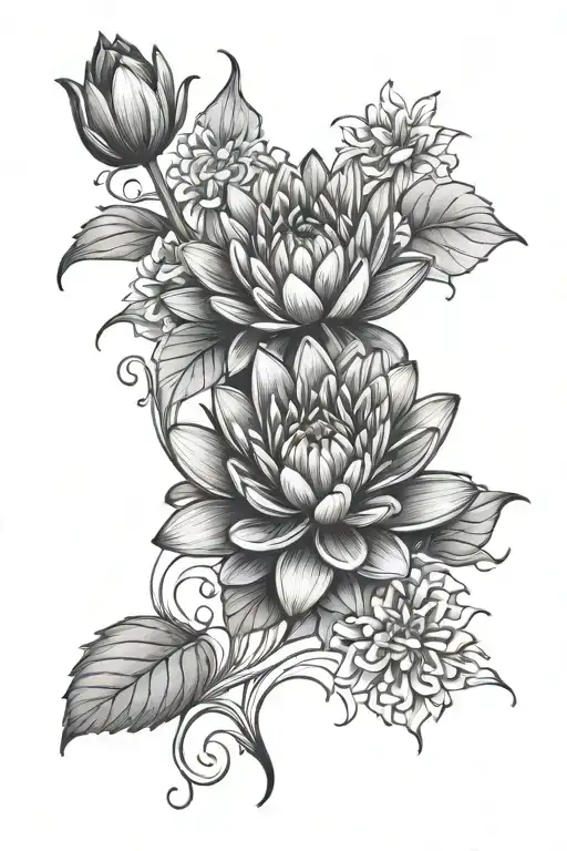 Violet, water lily, chrysanthemum flowers tattoo design idea