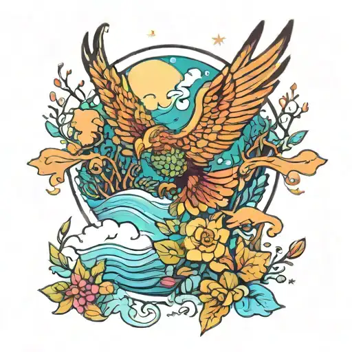 Let it be a colourful tattoo with elements of nature: forest, flowers, phoenix, new moon, stars, calm sea, in short.  tattoo design idea