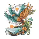 Let it be a colourful tattoo with elements of nature: forest, flowers, phoenix, new moon, stars, calm sea, in short.  tattoo design idea