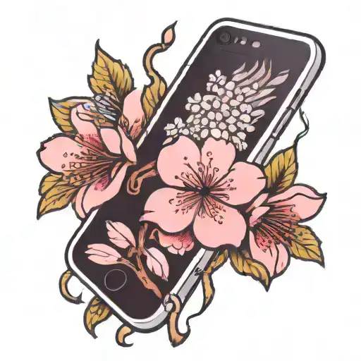 cherry blossoms coming out of iphone tattoo design idea