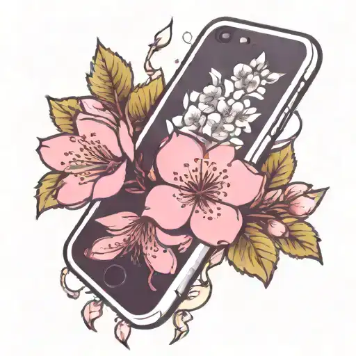 cherry blossoms coming out of iphone tattoo design idea