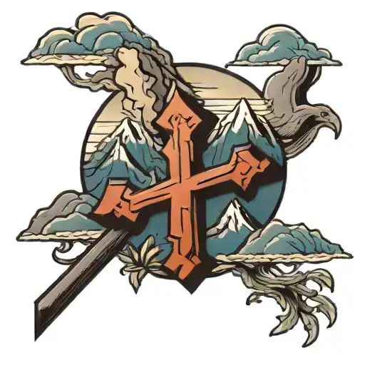 Cross and mountains tattoo design idea